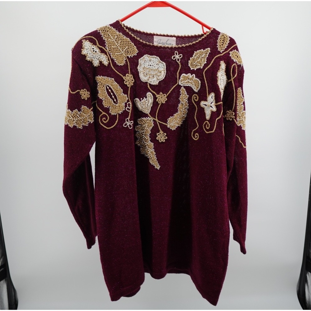 Jaclyn Smith Vintage Burgundy Metallic Knit Sweater Floral Beaded Crochet Large